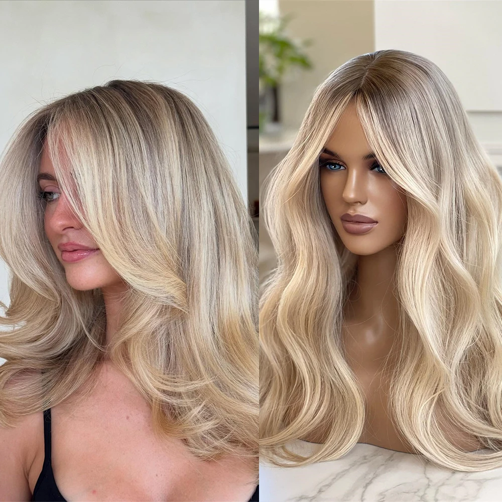 Ash Roots Lace Frontal Perücke aus Kunsthaar, cremig-blonde Highlights, 18 Zoll, geschichtet, gewellt, klebefrei, für Party, Cosplay, Alltag