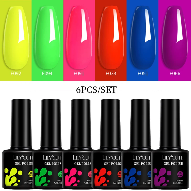 LILYCUTE 6-teiliges Neon-Farbgel-Nagellack-Set 7ml Frühling Sommer Semi-Permanent UV-Gel-Kit Fluoreszierender Nagellack Image