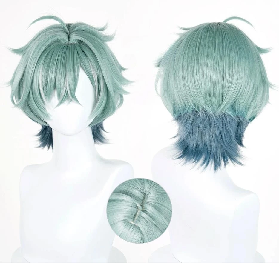 Lohen Cosplay-Perücke, 35 cm, kurze grüne gemischte Perücke, Anime, hitzebeständige synthetische Perücken für Halloween, Karneval, Party, Kostüm Image