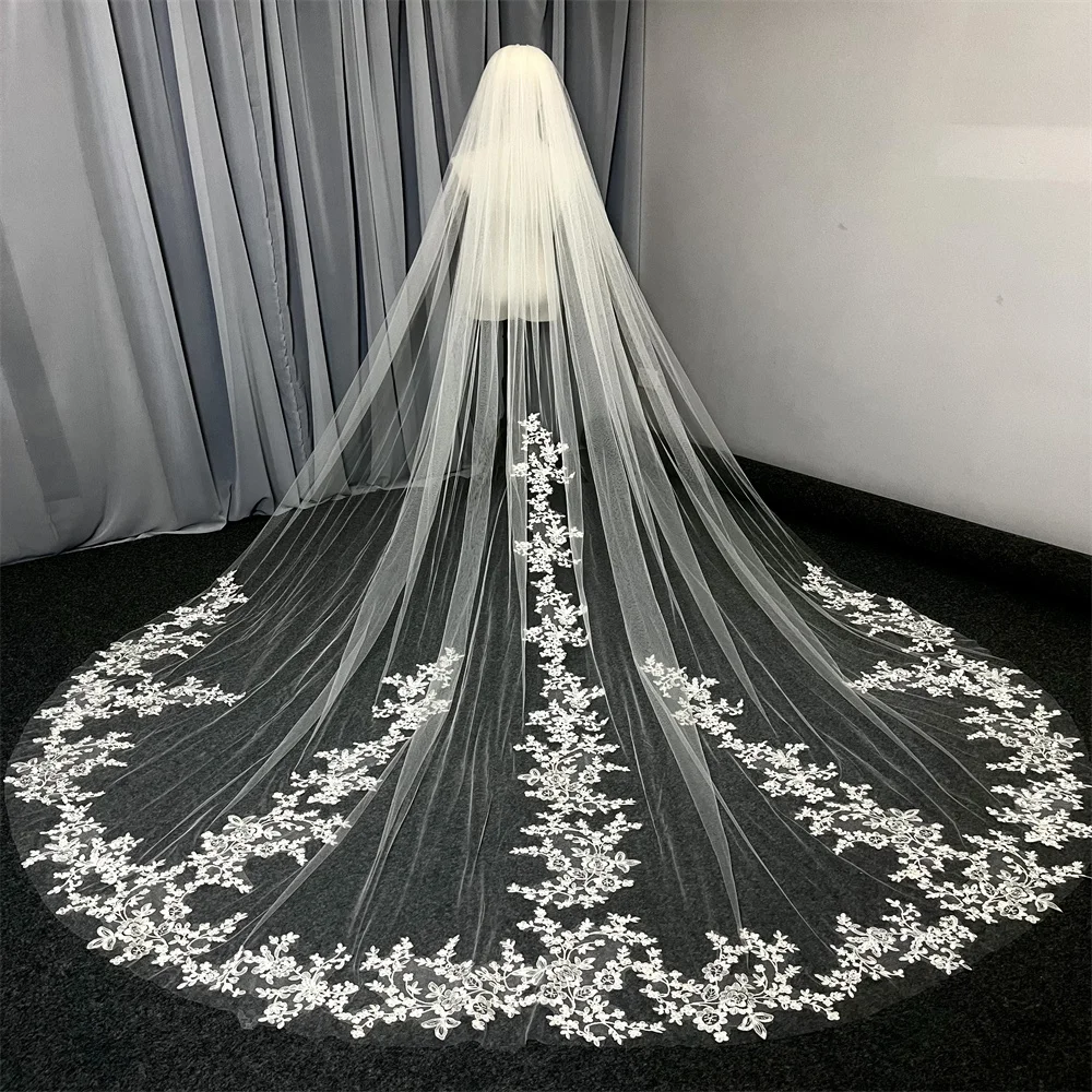 Neuer langer Hochzeitsschleier mit Kamm, 1 Etage, weicher Tüll, floraler, eleganter Brautschleier, weißes Elfenbein, individueller Schleier, 3 m, 4 m, 5 m