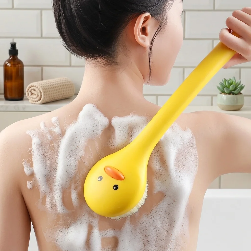 Spazzola da Bagno a Forma di Anatra con Manico Lungo, Setole Morbide, Massaggiatore per la Pelle, Scrubber per Doccia, Spazzola Esfoliante per la Pulizia del Corpo