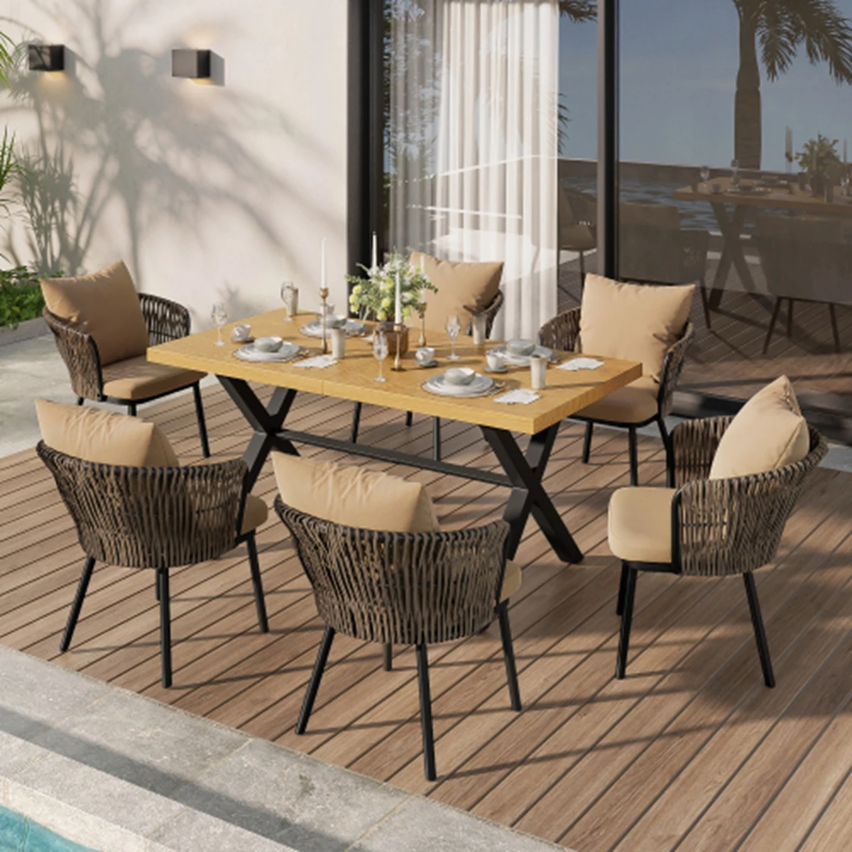 Modernes Outdoor-Essgruppen-Set aus Rattan, mit Eisengestell, Sitzkissen, für Garten, Freizeit & Gespräche mit mehreren Personen