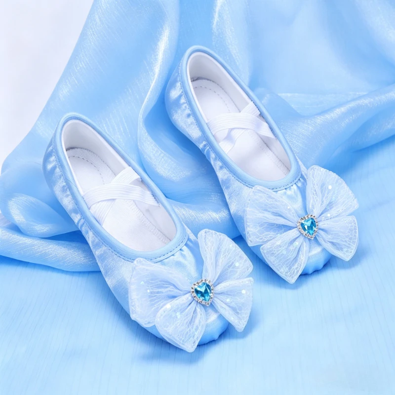 Ballerinas, Schuhe mit Schleife, Herz, Diamant, bequeme Linedance-Schuhe, Ballerinas, Tanzschuhe für Damen und Mädchen, flache Mesh-Schuhe
