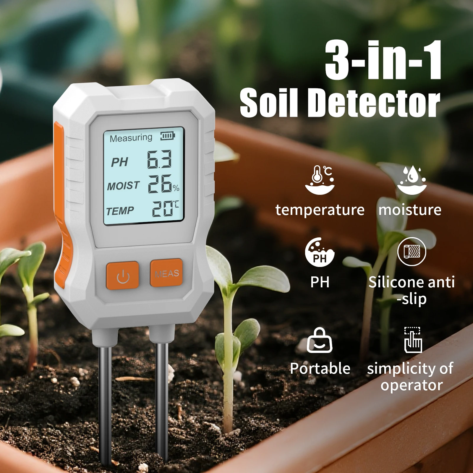 Nuovo Tester del Suolo LCD 3 in 1 PH/Umidità/Temperatura, Misuratore di pH con Sensore Metallico Resistente al Calore, Monitor di Umidità per Piante e Giardinaggio