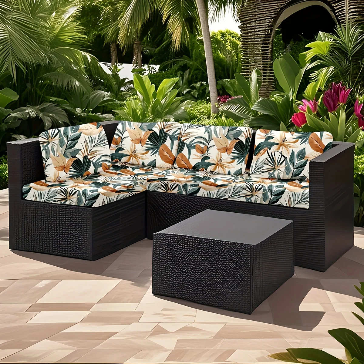 6/8-teiliger tropischer Palmblatt- und Blumen-Sofa-Kissenbezug für den Außenbereich, abnehmbarer, waschbarer Möbelbezug für die Terrasse Image