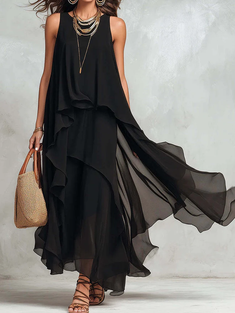 Neues ärmelloses Maxikleid für Damen in Schwarz, Sommerurlaub, O-Ausschnitt, elegant, schick, locker, modisch, unregelmäßiges Kleid für Damen, Streetwear