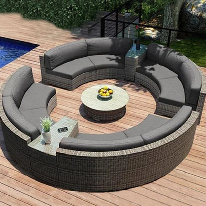 Outdoor round rattan sofa combination garden courtyard semi-circular rattan chair sofa outdoor hotel curved living room sofa