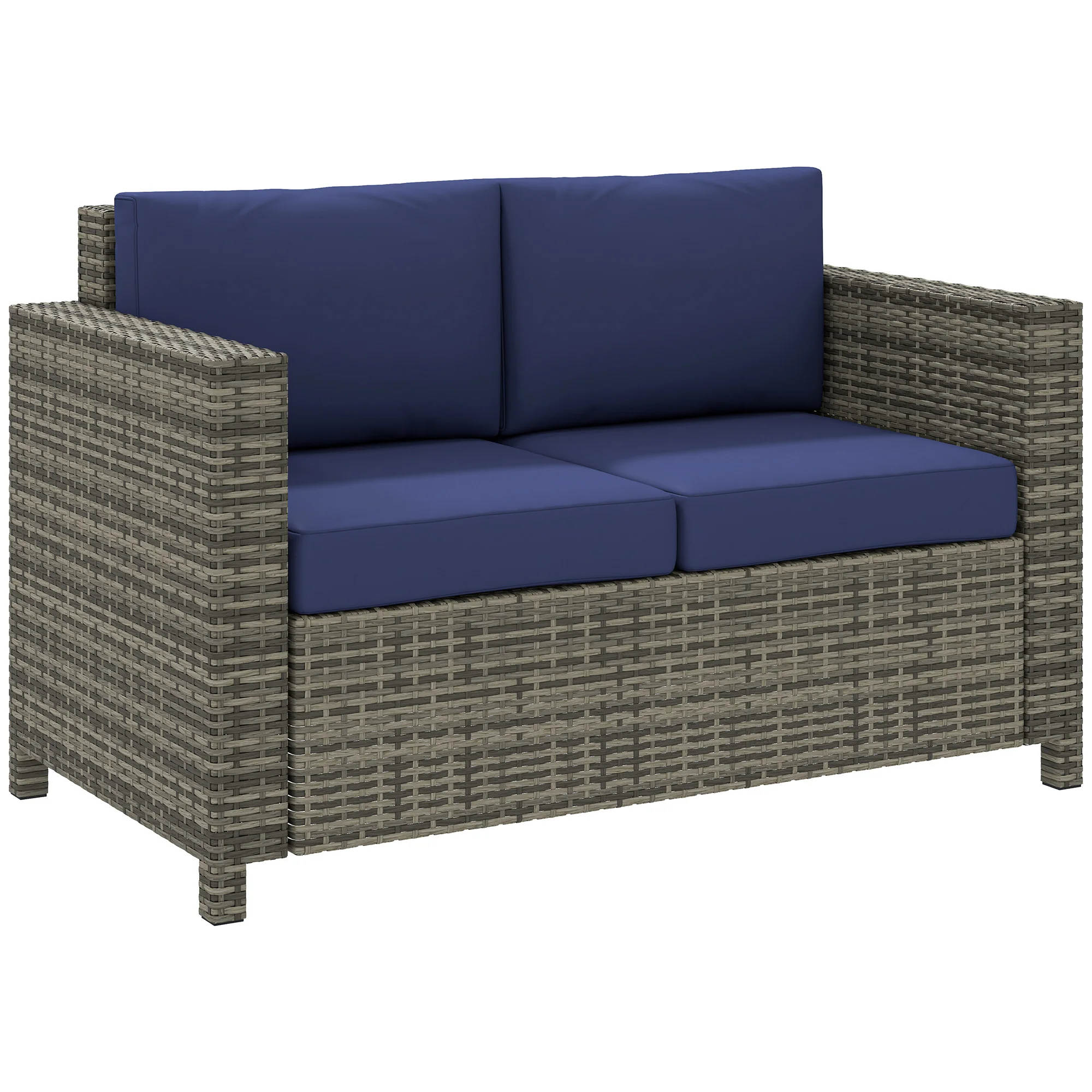 Rattan Sofa,2 Seater Garden Furniture with Soft Padded Cushion and Armrests,Wicker Garden Loveseat for Patio,Navy Blue ﻿