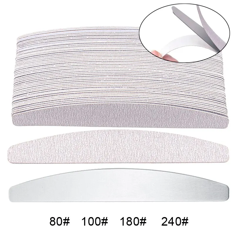 100 Stück/Lot Ersatz-Nagelfeilen, Körnung 80/100/180/240, Halbmondgrau, Schleifpapier-Pads mit Metallgriff, abnehmbare, langlebige Feilen Image