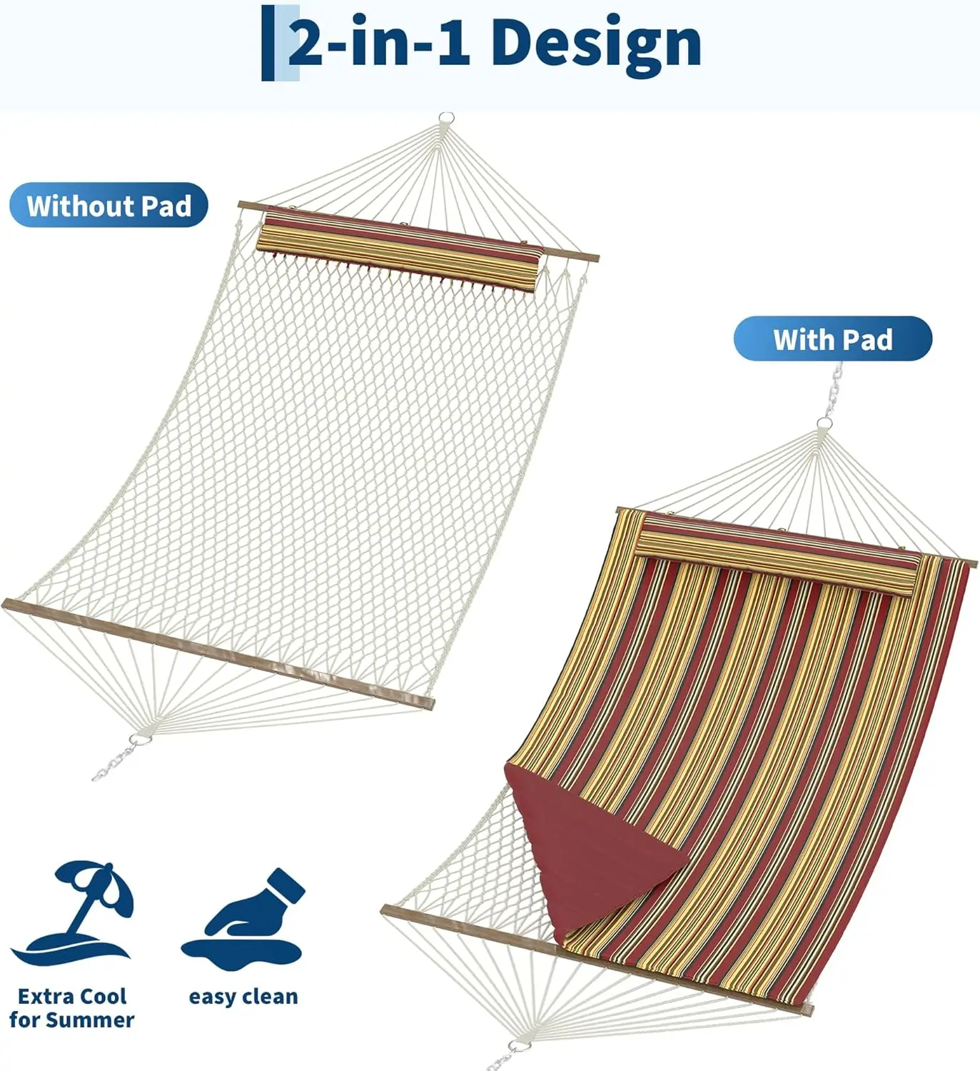 2-Personen-Outdoor-Hängematte mit Gestell, Baumwollseil-Hängematte mit Polyesterauflage, Verstellbarer Stahlrahmen, 2-in-1-Hängematte für Terrasse, B