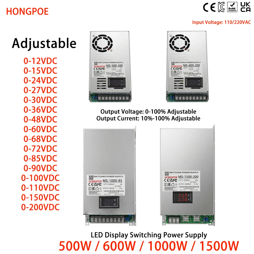 CE Digitalanzeige 500/600/1000/1500W SMPS 0-200V Einstellbar 10-100% Strom 0-100% Spannung 110/220VAC für LED 3D-Drucker Industrie Image