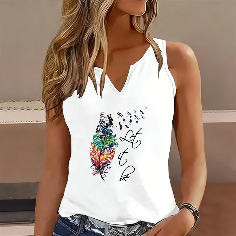 Ärmelloses Tanktop T-Shirt mit V-Ausschnitt Lässige Mode Farbenfrohe Let It Be Leaf Weste T-Shirts Damen Kurzarm Tee-Shirt V-Ausschnitt Image