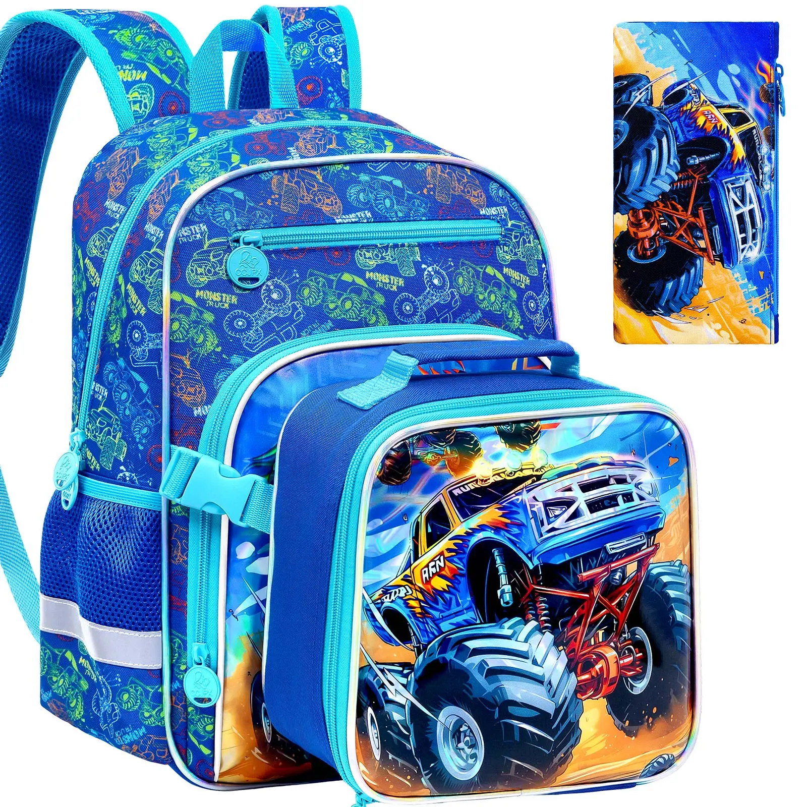 Ensemble de 3 sacs à dos pour garçons, sac d'école bleu avec boîte à lunch et trousse à crayons, sac à dos léger pour enfants, retour à l'école