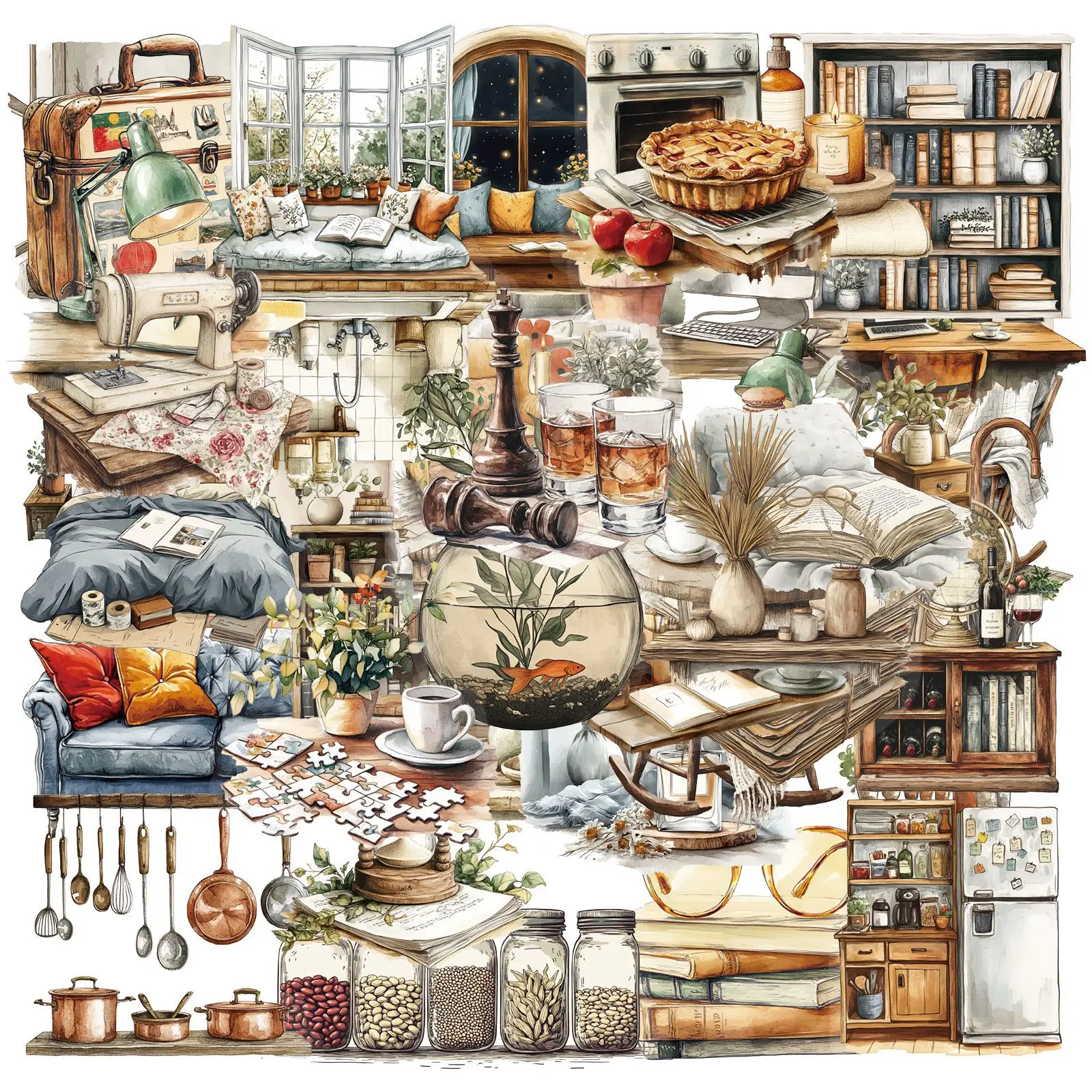 50 Stück Künstlerische Transparente PET-Aufkleber im Wohnstil, Kreative DIY-Basteldekoration für Tagebücher, Scrapbooks & Tägliche Dekoration Image