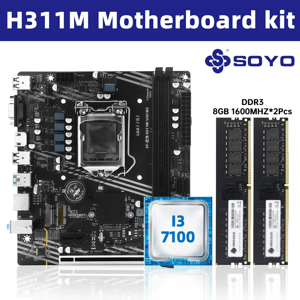Carte mère de jeu SOYO H311M, processeur i3 7100, 16G(8G*2) de mémoire RAM, TPM2.0, ensemble combiné pour ordinateur de bureau, PCIE3.0X16, HDMI, VGA, USB
