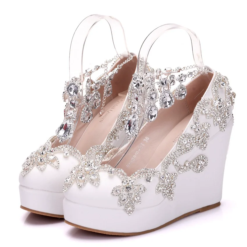 Frühling runde Zehen Strass wasserdichte Plattform Hochzeitsschuhe Bankett große Größe kleine Keil hochhackige Damenschuhe