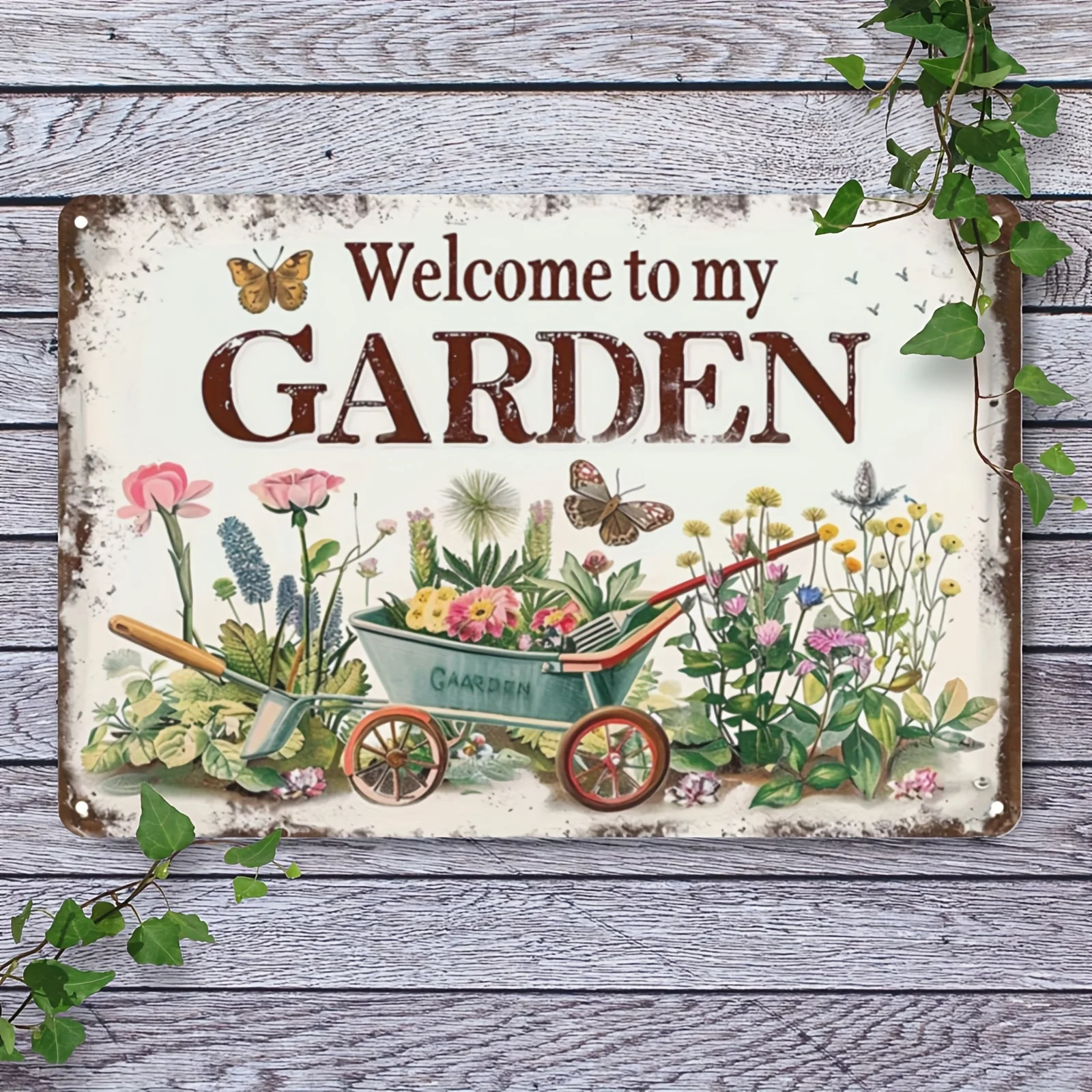 1 plaque décorative murale en métal rustique « Bienvenue dans mon jardin » avec motif floral coloré et outils de jardinage pour la décoration extérieure du jardin