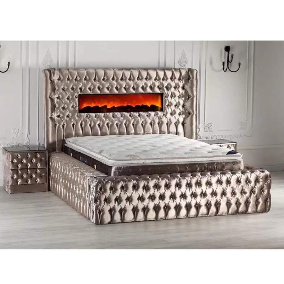 # Eingebauter Kamin-Bettrahmen Moderne Luxus-Hotel-Schlafzimmer-Sets Chesterfield-Bett mit Kamin Queensize-Bettgestell mit Kopfteil
