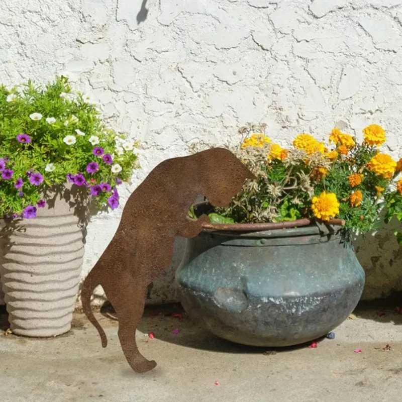 Statue de chat en métal pour jardin | Décoration de jardin classique pour l'extérieur | Ornement de jardin autoportant durable | Finition couleur terre, rustique, rouille