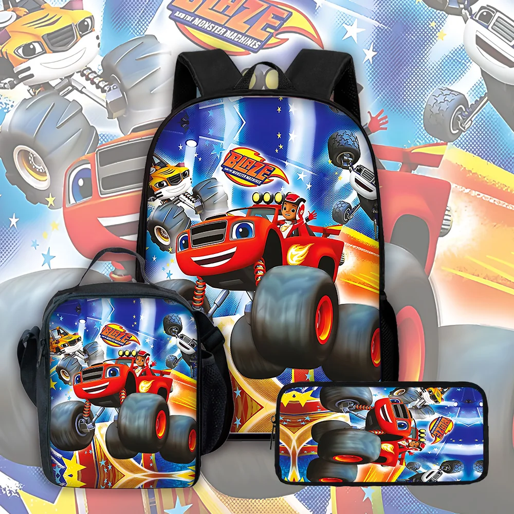 Sac à dos d'école pour enfants, jeux 3D de dessins animés Blaze Monster Machines, avec sacs à déjeuner, sacs à crayons, sacs d'école pour garçons et filles, meilleur cadeau