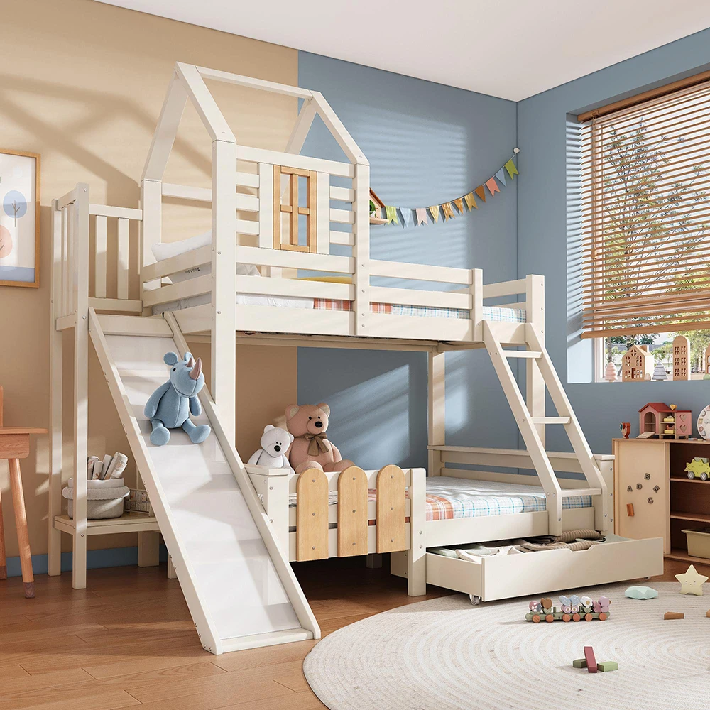 KOMHTOM Blockhaus-Design Etagenbett für Kinder - 90x200 & 140x200 cm, mit Schublade, Rutsche und Leiter, Hausbett-Design Image
