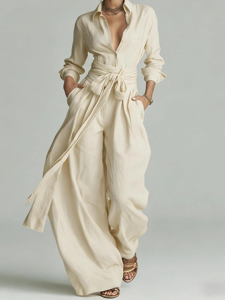 Completo Vintage a Vita Alta con Cintura, Set 2 Pezzi: Camicia a Maniche Lunghe con Bottoni e Risvolto e Pantaloni a Gamba Larga, Outfit Primaverile da Donna