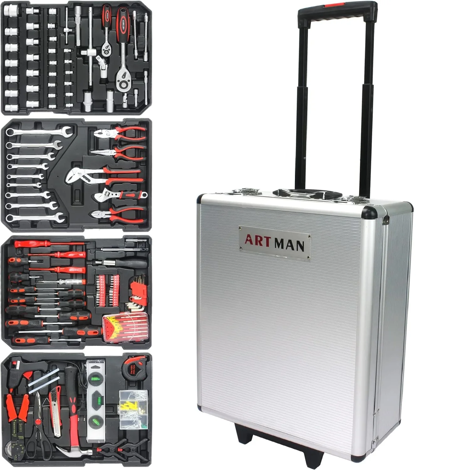 Ensemble d'outils de 899 pièces avec valise à roulettes, ensemble d'outils à main avec clés à douilles, ensemble d'outils ménagers généraux avec boîte à outils à roulettes