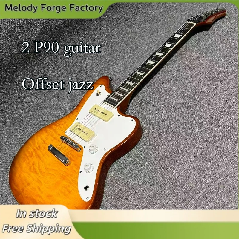 E-Gitarre Offest Jazz mit 2 P90 Pickups (H-H), geflammter Ahorn-Decke, Vintage Amber Burst, 22 Bünde, Palisander-Griffbrett