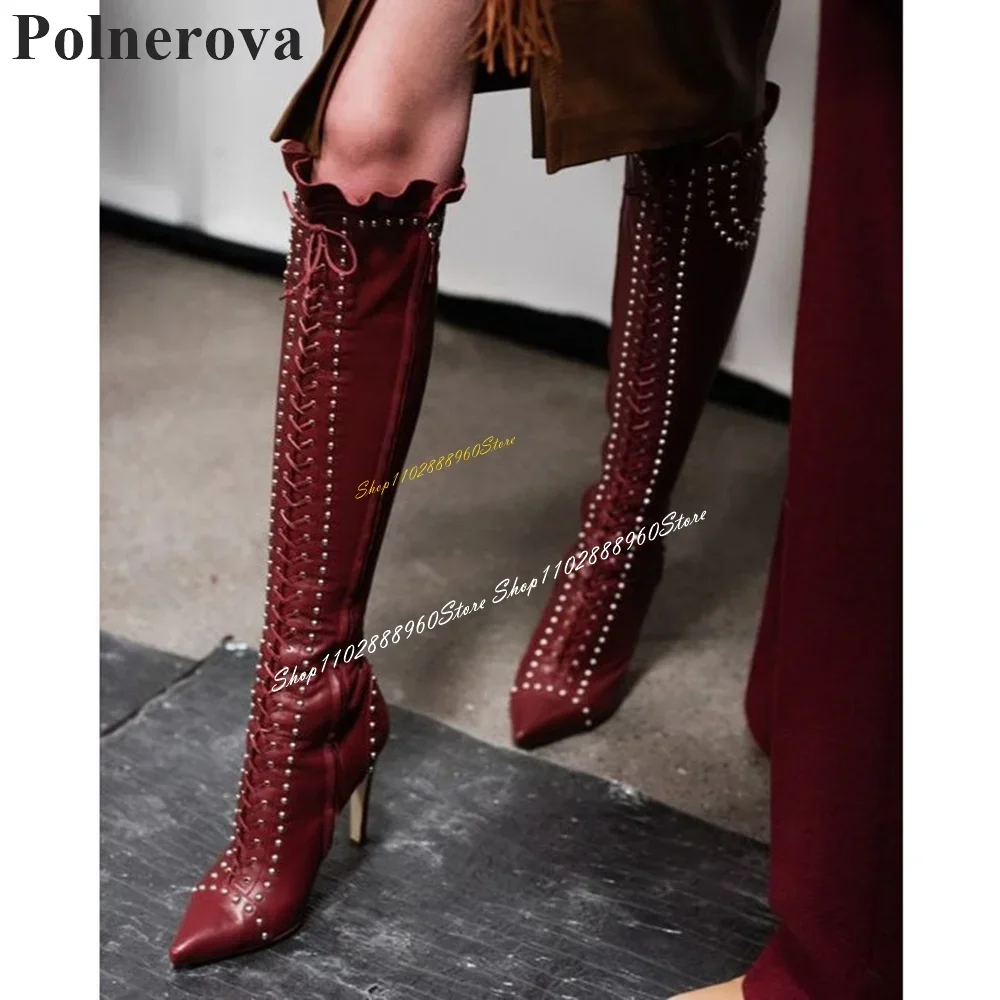 Stivali Alti al Ginocchio Rossi con Borchie e Volant, Eleganti, Tacco Alto Sottile, Scarpe da Donna con Cerniera Laterale e Punta Affusolata, Moda 2025, Zapatos Para Mujeres