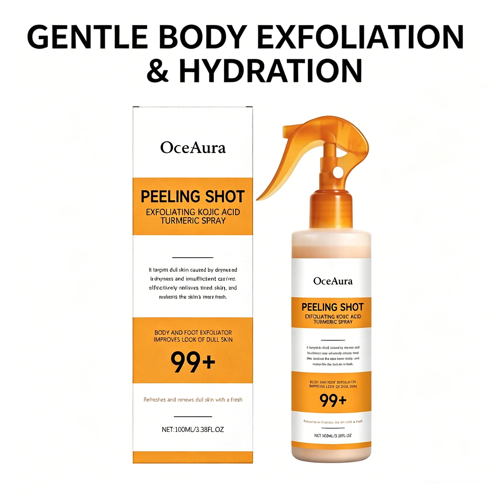 Kojisäure-Kurkuma-Spray Körperpeeling zur Entfernung abgestorbener Haut, Glättung, Aufhellung, Feuchtigkeitspflege, Sanfte Peelingwirkung, Erfrischend Image
