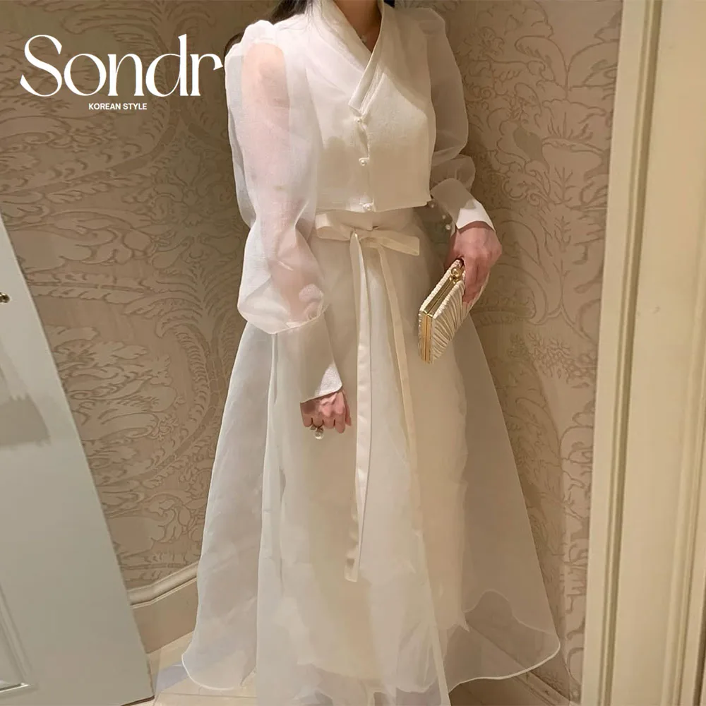 Sondr Maßgeschneiderte Hanbok-Seidenorganza-koreanische formelle Abendkleider mit V-Ausschnitt und langen Ärmeln, A-Linie, Abschlussball-Partykleid für Damen, Festival-Kleid Image