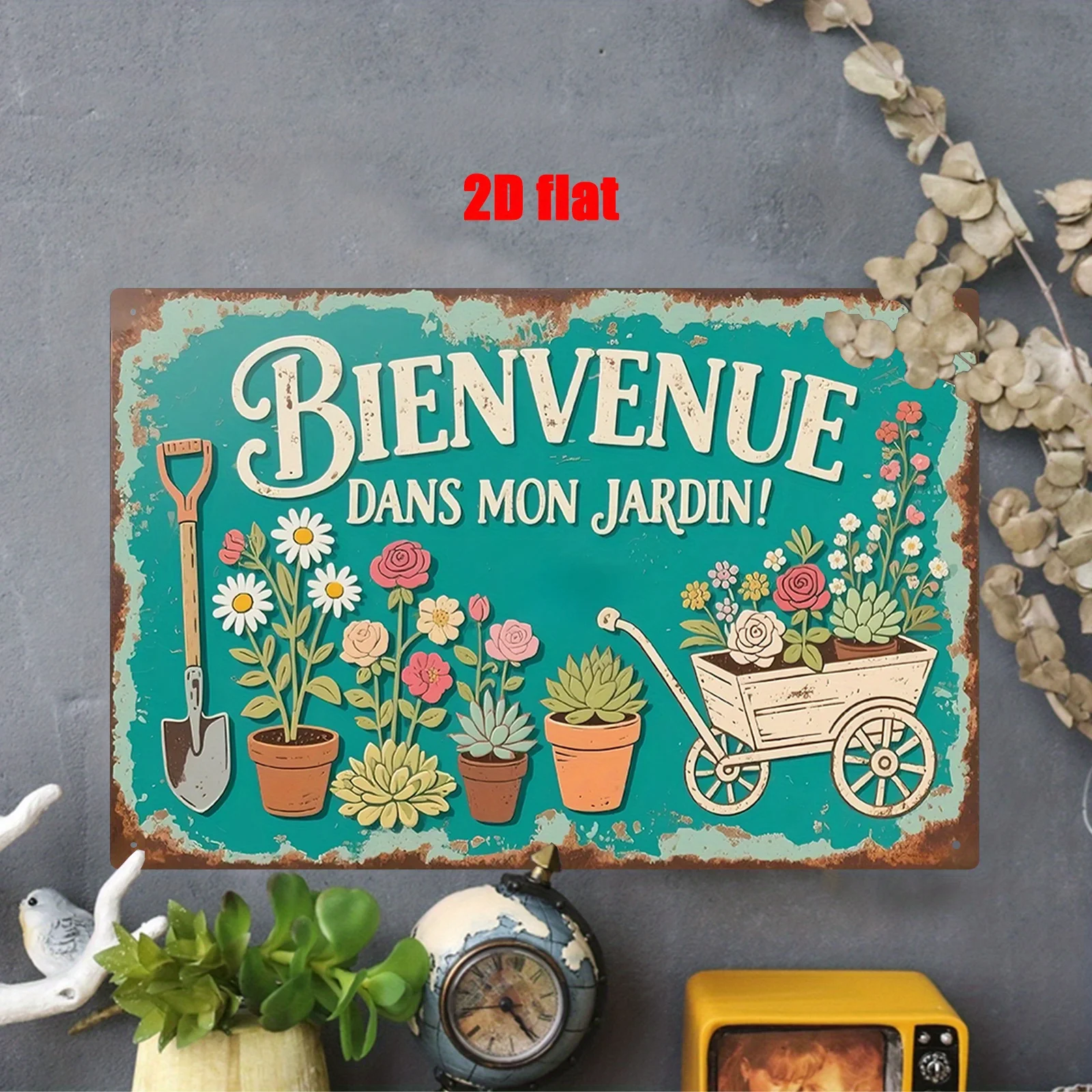 Panneau décoratif mural en métal « Bienvenue dans mon jardin » – Design floral et d'outils de jardin rustique bleu sarcelle, idéal pour la décoration de patio, balcon et jardin.