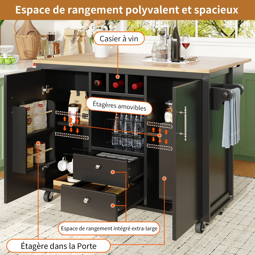 Îlot de cuisine 120x73x92cm, armoire buffet avec plan de travail pliable, porte-serviettes, porte-épices, porte-vin, étagères réglables, blanc et noir