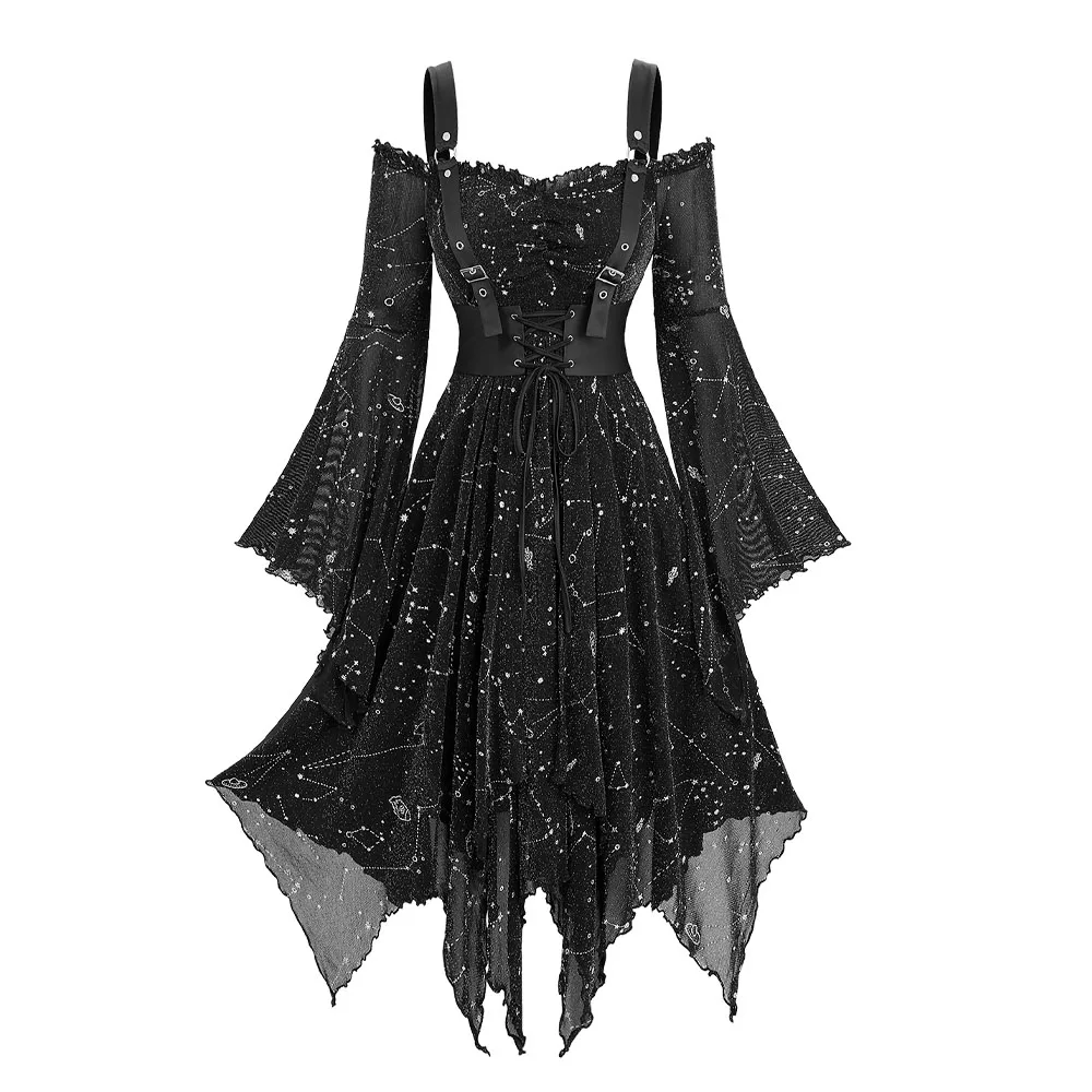 Schwarz Gothic Viktorianischen Punk Kleid Galaxy Silber Gedruckt Lange Flare Ärmeln Kalte Schulter Kleider Für Frauen Herbst Vestidos