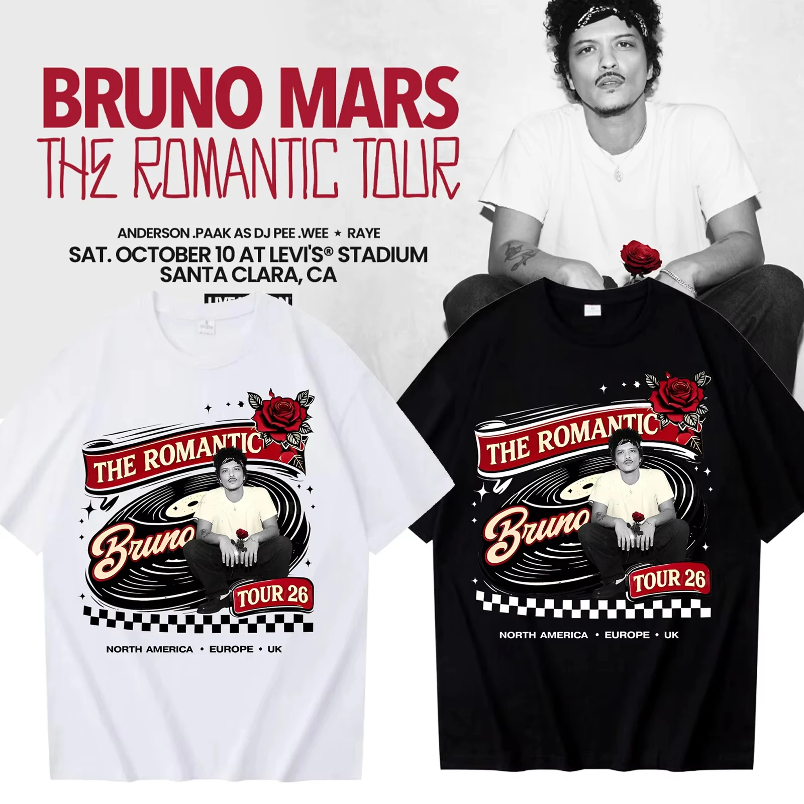 Bruno Mars The Romantic Tour 2026 Grafik-T-Shirt Damen Herren Bruno Mars Album Lässiges O-Ausschnitt Kurzarm Y2K T-Shirts Tops