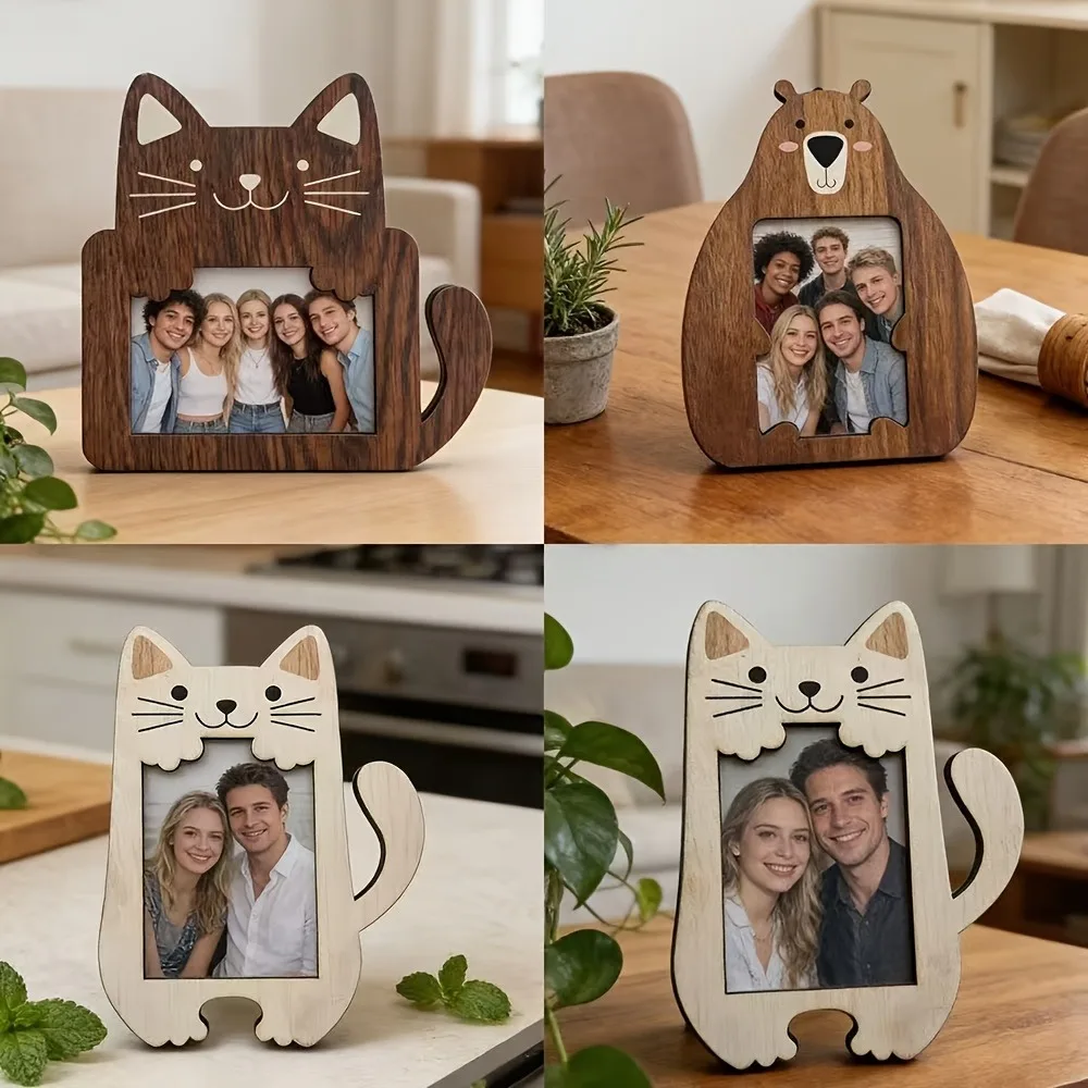 Niedlicher Tiermotiv-Holz-Bilderrahmen Katzen- und Bären-Design Desktop-Fotorahmen Heim-Foto-Display Ornament Einweihungsgeschenk Geburtstagsgeschenk