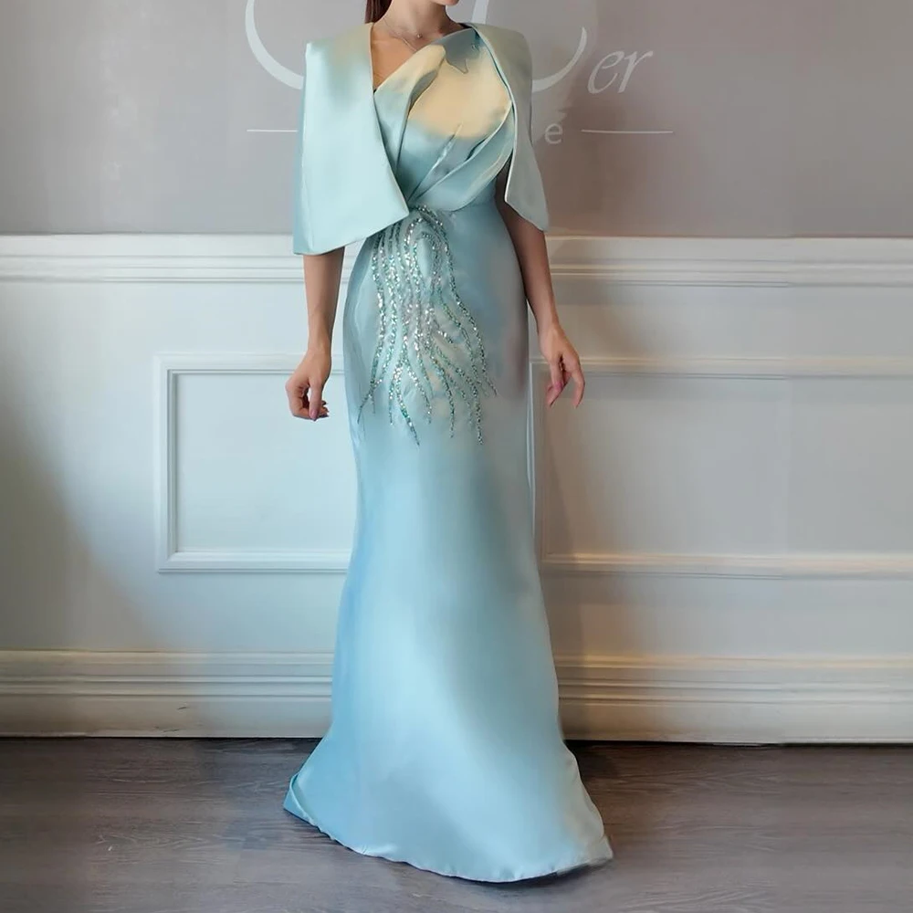 Customized A-line Evening Dresses Floor-length V-neck Sleeveless Prom Gown Fashion Sequined Stole Simple Draped Party Gown