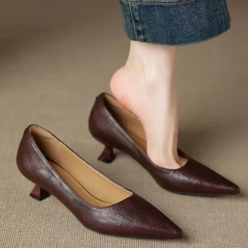 Luxury Pumps Women Heeled Woman Medium Heel Stiletto Heels High Sandal Party Office Elegant Brown Small Heel Sexy Dress Shoes