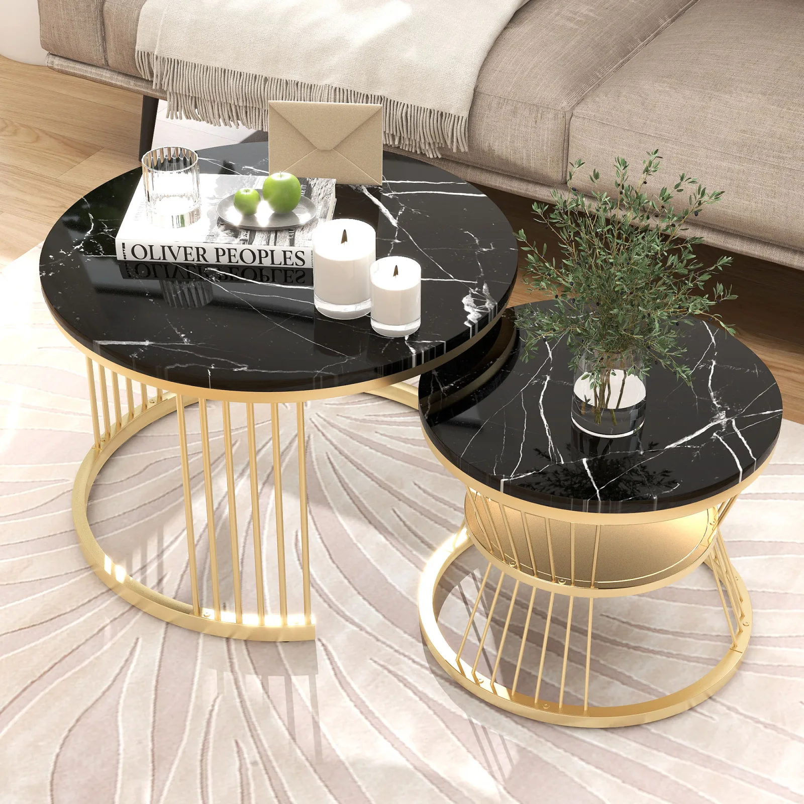 Set di 2 tavolini da caffè Rosahqnda, tavolino moderno circolare a 2 livelli con struttura in metallo, struttura in metallo oro/nero, soggiorno, ufficio