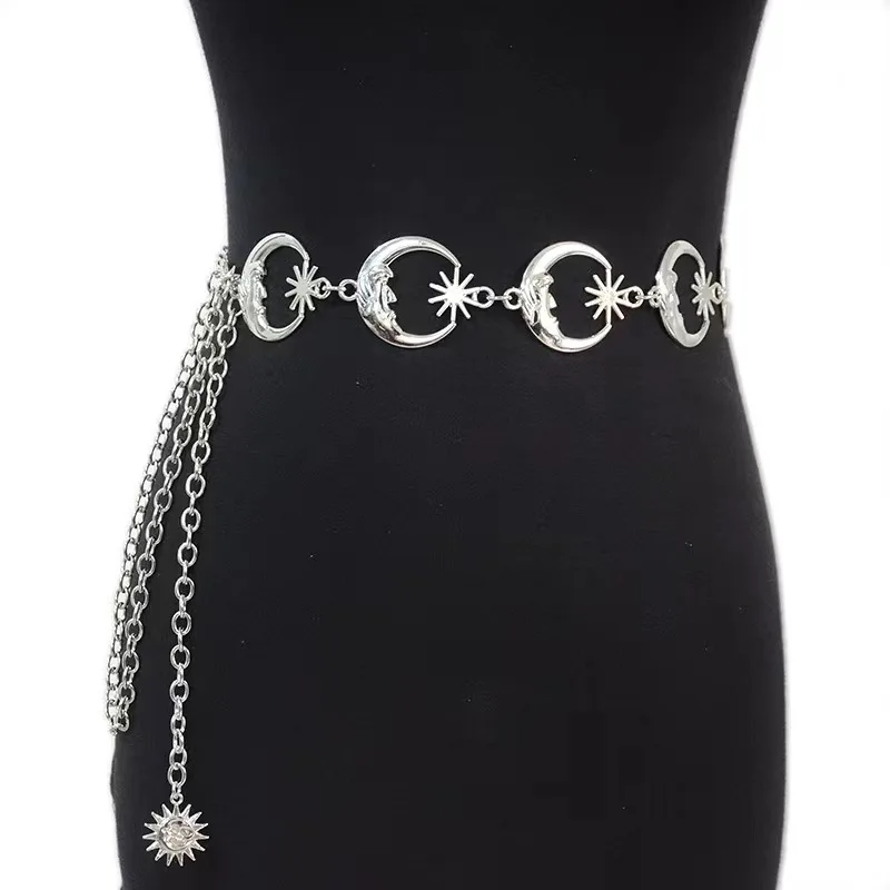 Damen Vintage Gothic Taillenkette mit Mond und Stern, Metallkette, Vintage Silber Taillenkette mit Anhänger, Modischer Körperschmuck