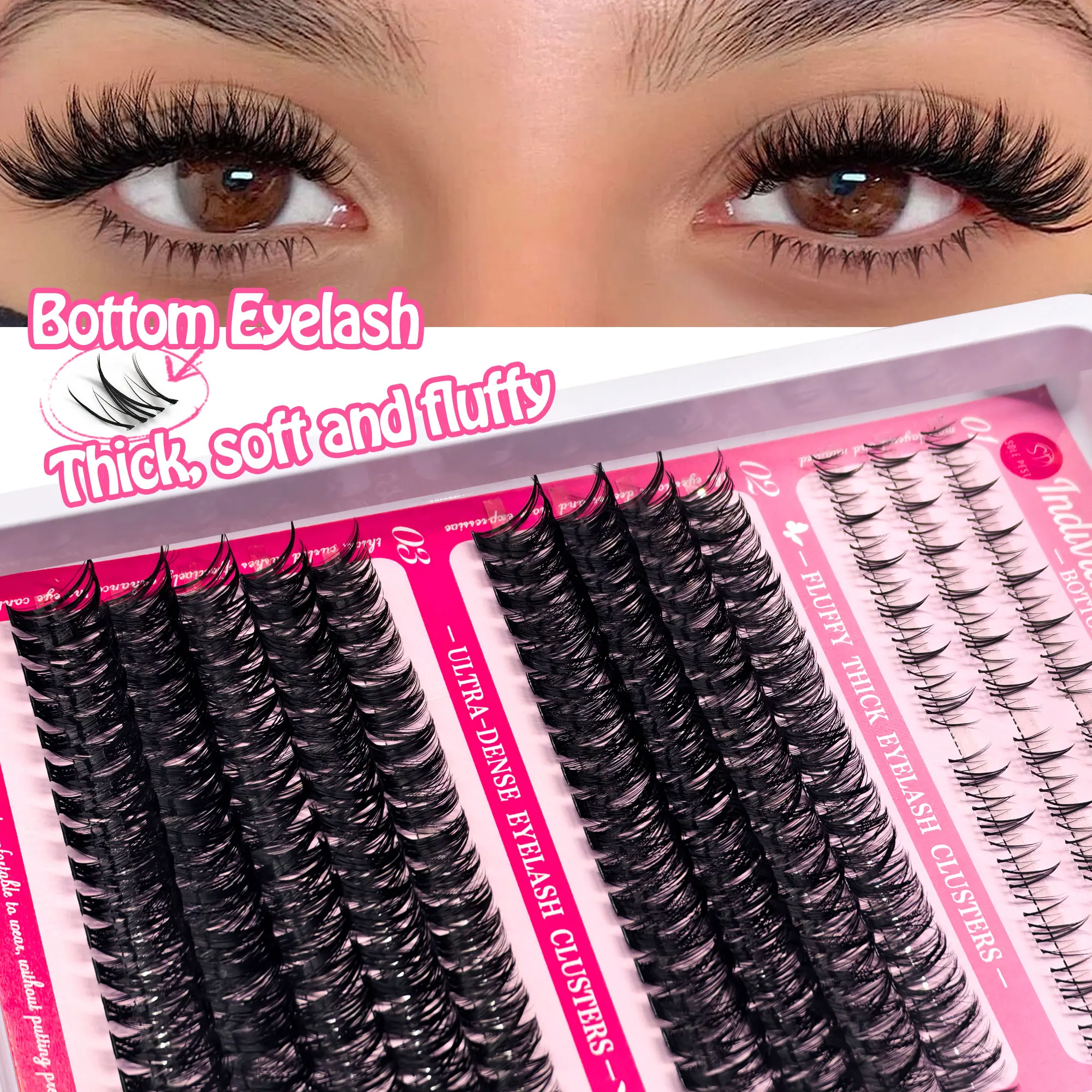216 Cluster mit DIY-Kunstwimpern, darunter untere Wimpern und 50 D+60 D gekräuselte Wimpern, für einen dicken und voluminösen Effekt. Image