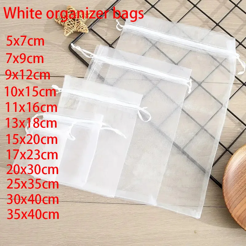 100 Pz/lotto 7x9 9x12 10x15 13x18 CM Sacchetti di Organza Sacchetto di Gioielli Decorazione Della Festa Nuziale Sacchetti Tirabili Sacchetti Regalo Imballaggio Dei Monili