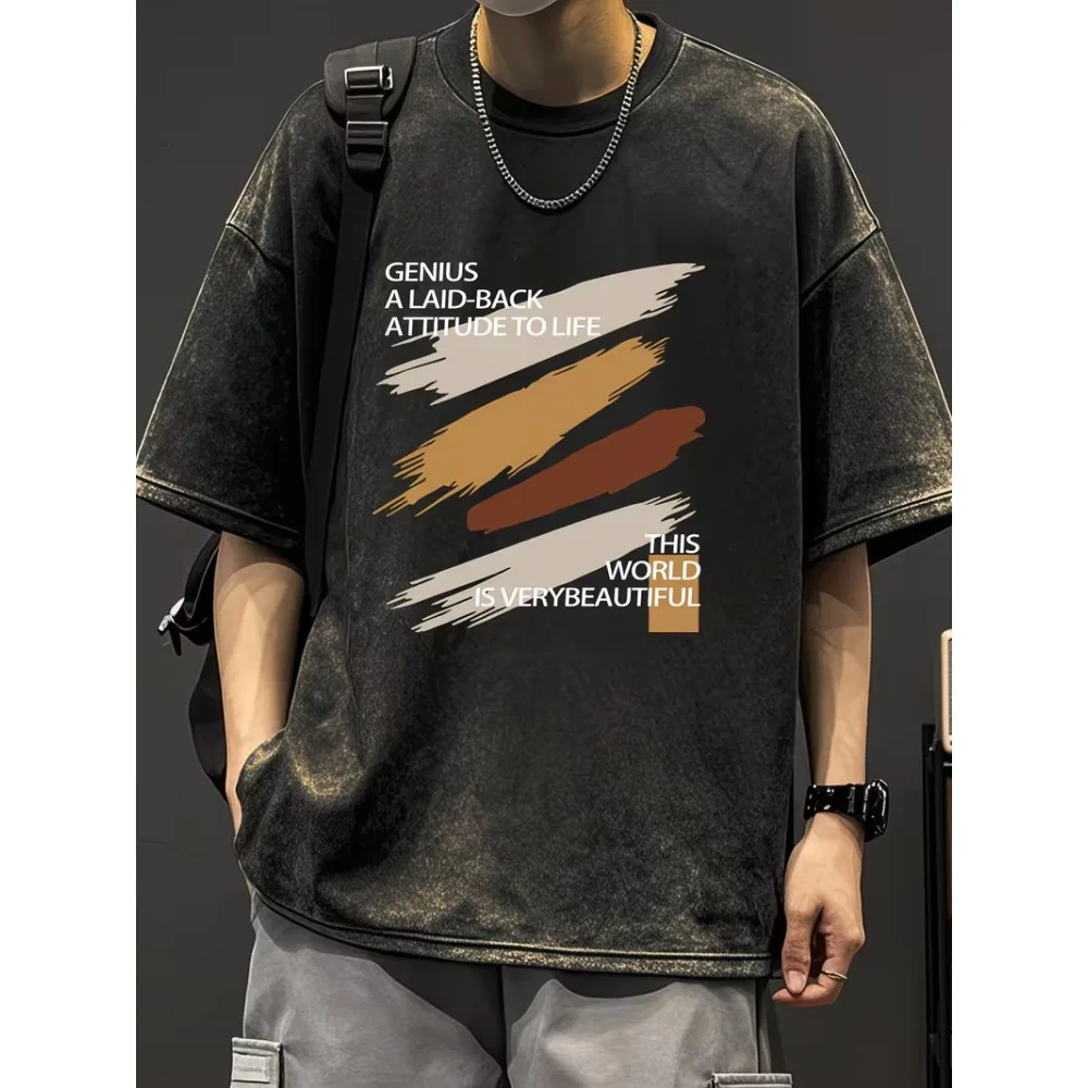 Minimalistisches Zitat-T-Shirt mit Pinselstrich-Effekt und Acid-Wash, Vintage Laid-Back Life Attitude, Oversized Streetwear Casual Tops für Männer und Frauen