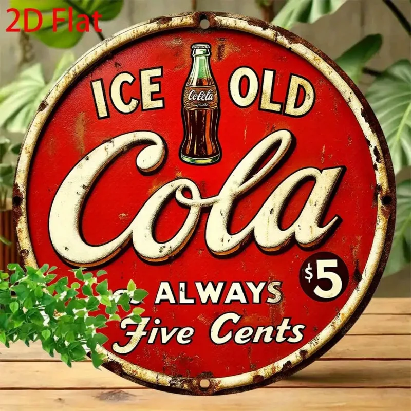 Vintage Retro Coca Cola Ice Old 2D Hochauflösendes Blechschild, Klassisches 'Always Five Cents' Metall-Wandkunst für Haus, Bar oder Café-Dekoration