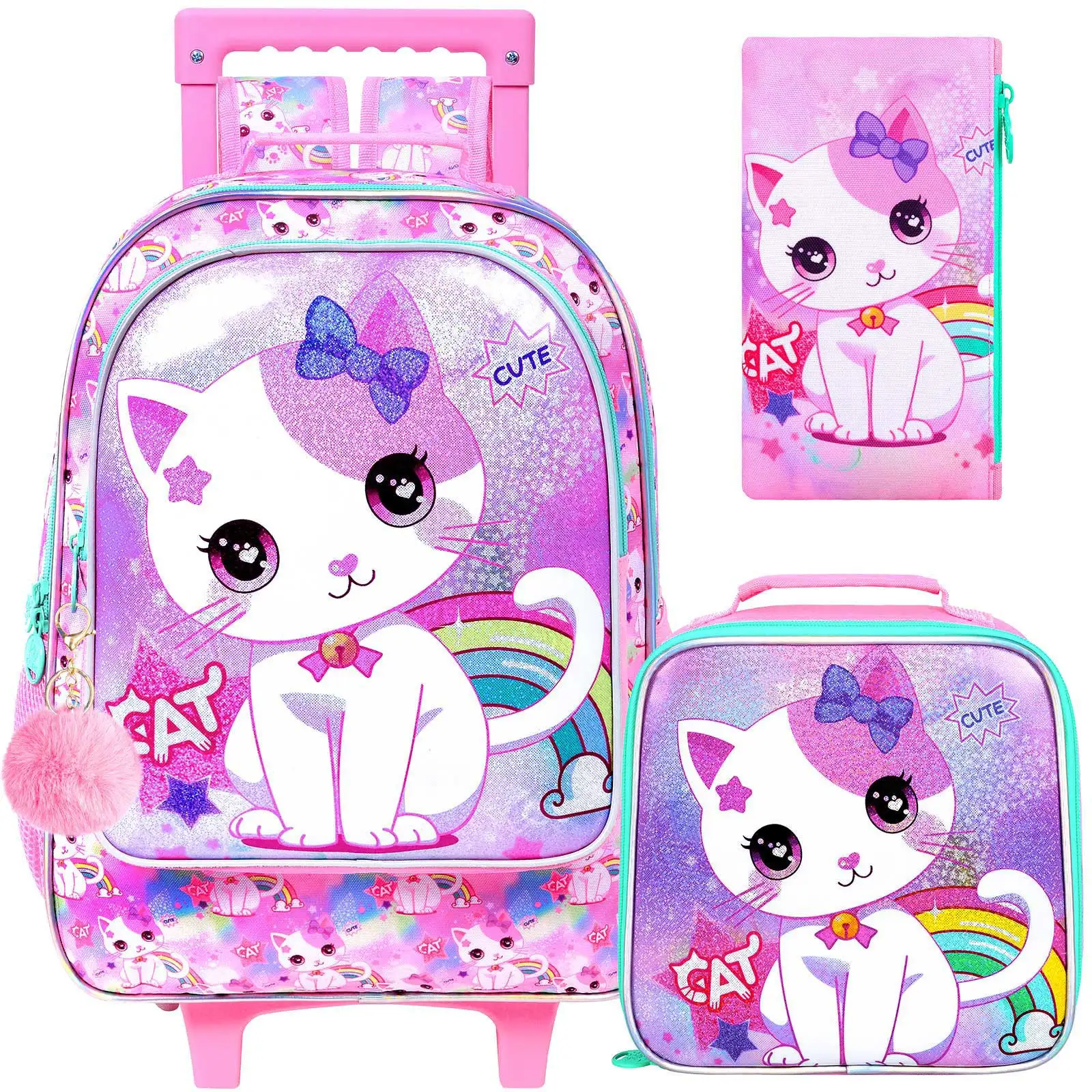 Sac à dos à roulettes pour filles, sac à dos pour enfants avec roulettes motif chat mignon - Sac d'école à roulettes pour l'école primaire - 3 pièces motif chat