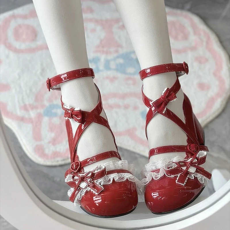 Damen Lolita Schuhe 2025 Neu Mary Jane Schuhe Süße Schleife Hohe Absätze Prinzessinnen-Pumps Frühling Herbst Damen Lederpumps