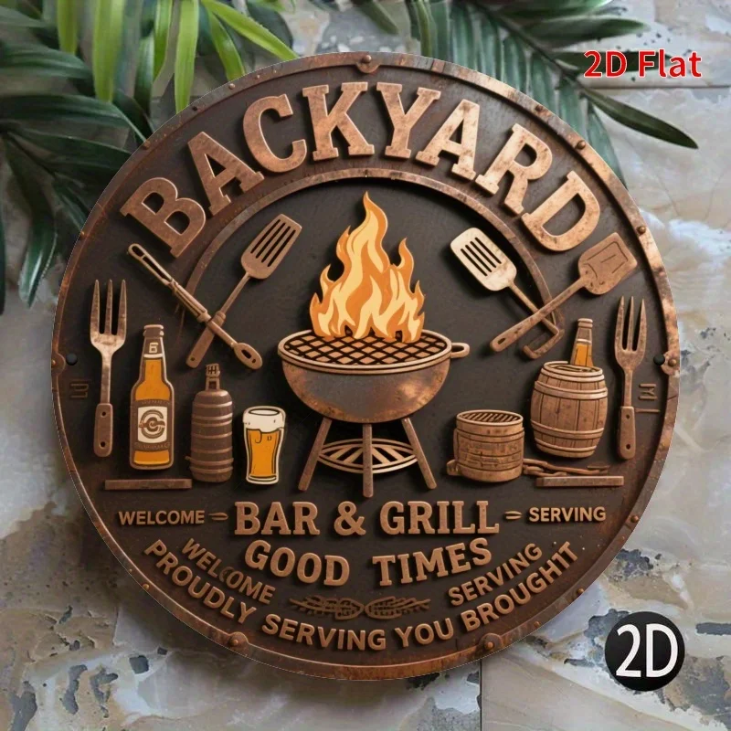 HD-Gedrucktes Blechschild - 3D-Relief Gartenbar & Grill Rundes Metallschild Wanddekoration für Outdoor-BBQ & Vintage-Heimstil Image