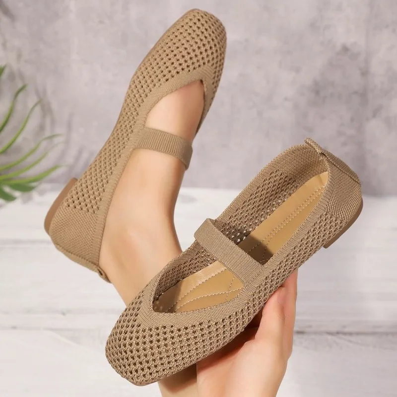 Damen Mode Mesh-Strick Atmungsaktive Mary Jane Ballerinas Quadratische Spitze Elastischer Riemen Bequeme Laufschuhe Lässige Damenschuhe