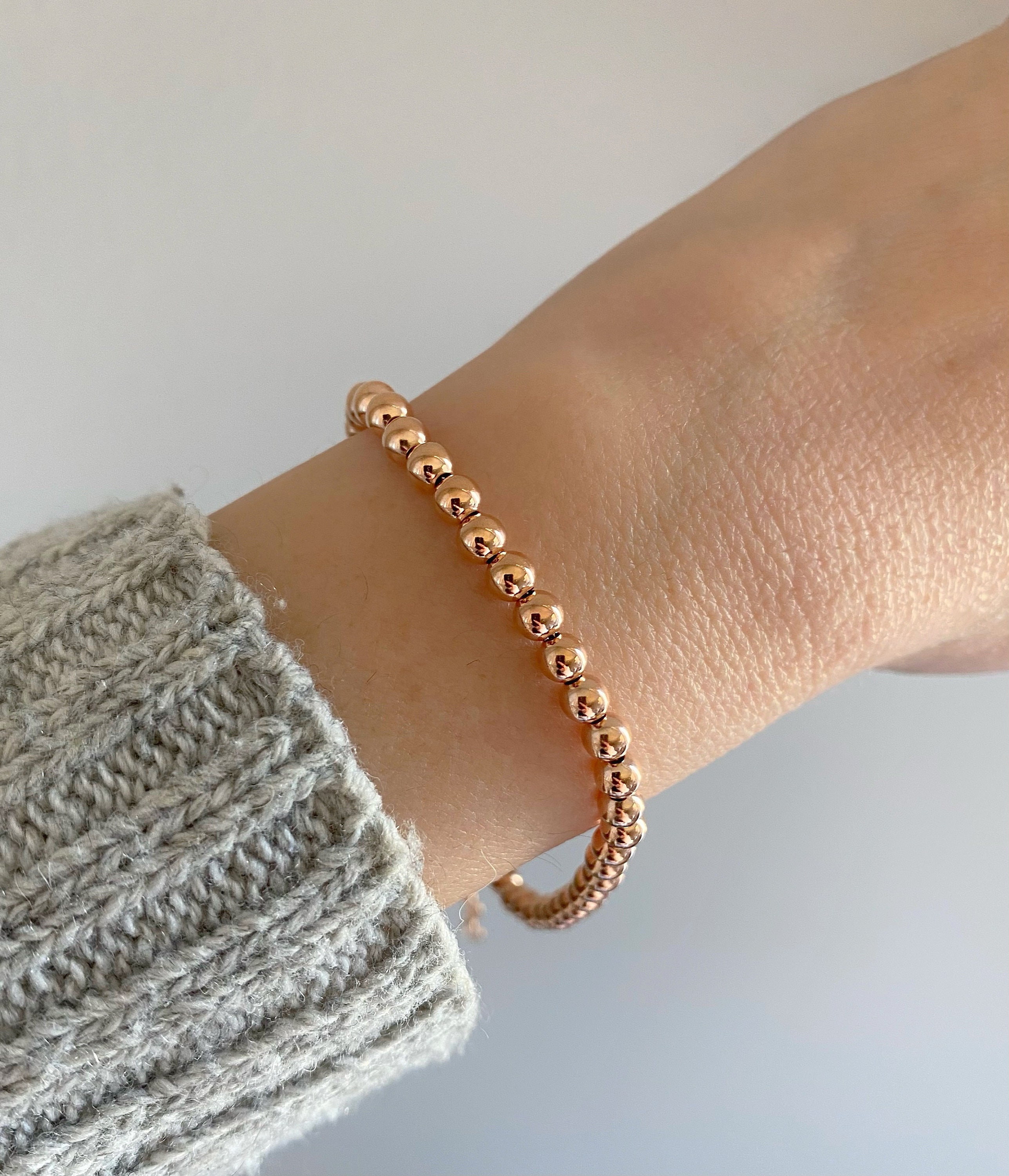 Bracciale a sfere in oro rosa 14 carati/Bracciale con perline da 4 mm in oro rosa massiccio 14 carati/Bracciale in oro 14 carati/Bracciale impilabile/
