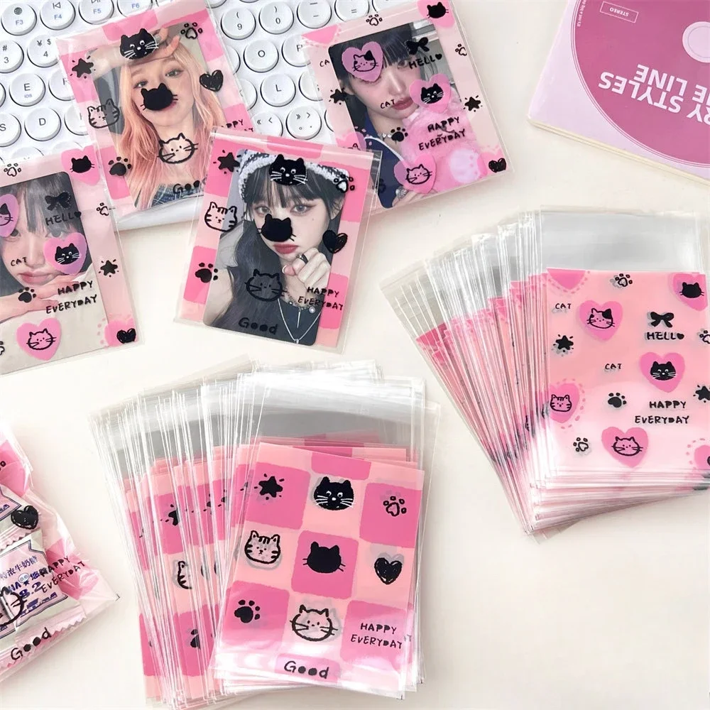 50 Stück Koreanische INS Niedliche Rosa Schwarze Kätzchen OPP-Beutel Kawaii Kpop 3-Zoll Fotokarten DIY Verpackungs-Deko-Beutel Mädchen Geschenk Süßigkeiten-Verpackung Image